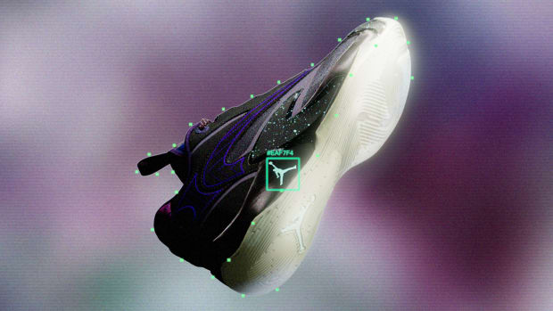 Side view of Luka Doncic's black and purple Jordan Brand shoe.